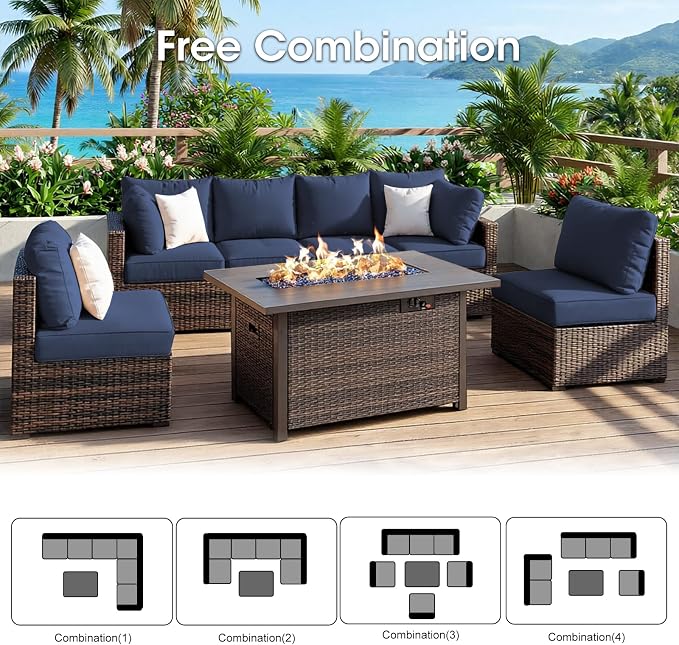 Grezone 7 Piece Patio Furniture Set with 44" Fire Pit Table, Outdoor Sectional Couch, PE Rattan Patio Conversation Sets with 4inch Cushions for Backyard Deep Blue (NY)