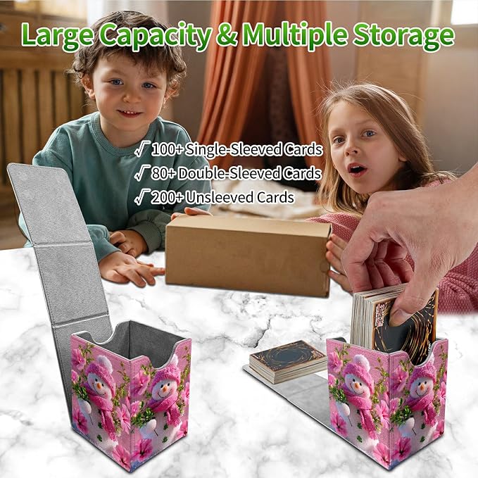 Pink Flower Snowman Card Deck Box for MTG, Personalized Card Storage Case Fits 120+ Sleeved Cards, Premium Leather TCG Box with Strong Magnetic Closure for Magic, CCG, PTCG, Baseball Cards