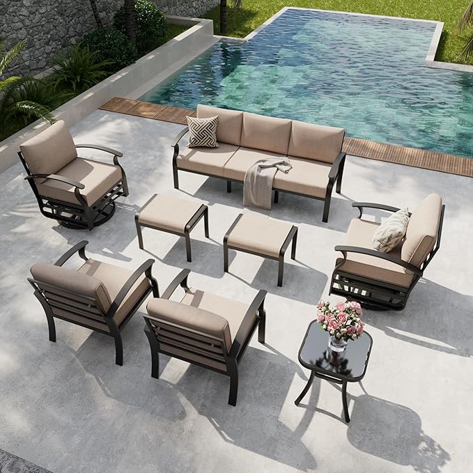 Aluminum Outdoor Patio Furniture Set,7 Seats Patio Conversation Sets with 2 Ottomans,Metal Patio Sectional Furniture Set with 2 Swivel Rocking Chairs,Sand