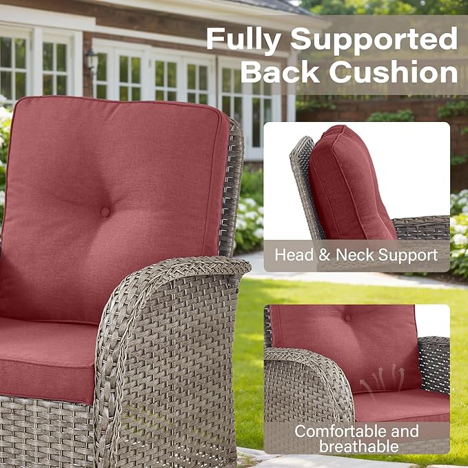Belord Patio Furniture Set with Fire Pit Table - 8 Piece Outdoor Wicker Furniture Set with 43" 50000 BTU Propane Fire Pit and Rocking Chairs Patio Conversation Set for Deck Outside Backyard Red