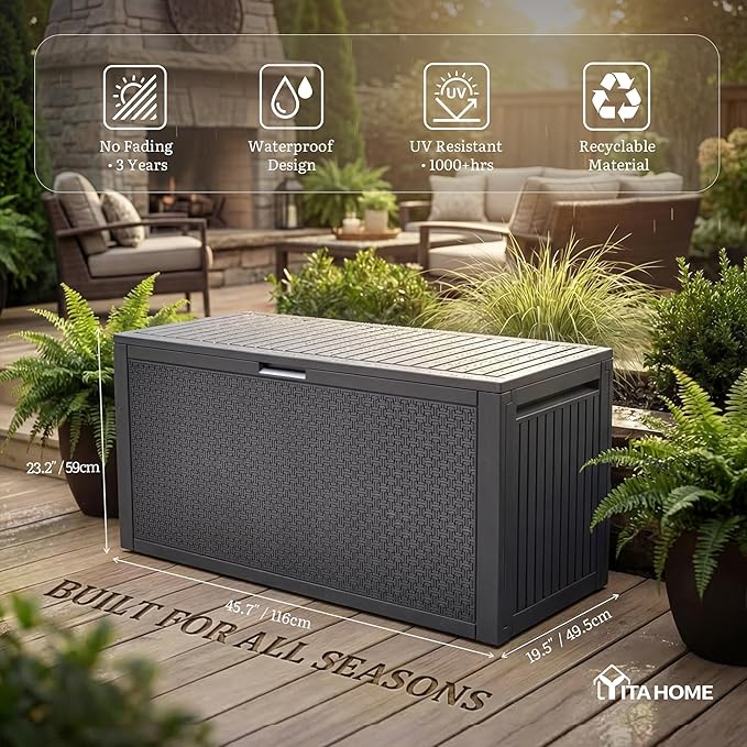 YITAHOME 95 Gallon Outdoor Storage Deck Box, Waterproof Resin Deck Box w/Handles, Lockable Outdside Deck Box for Patio Furniture, Garden Tools, Lockable & UV Resistant(Dark Gray)