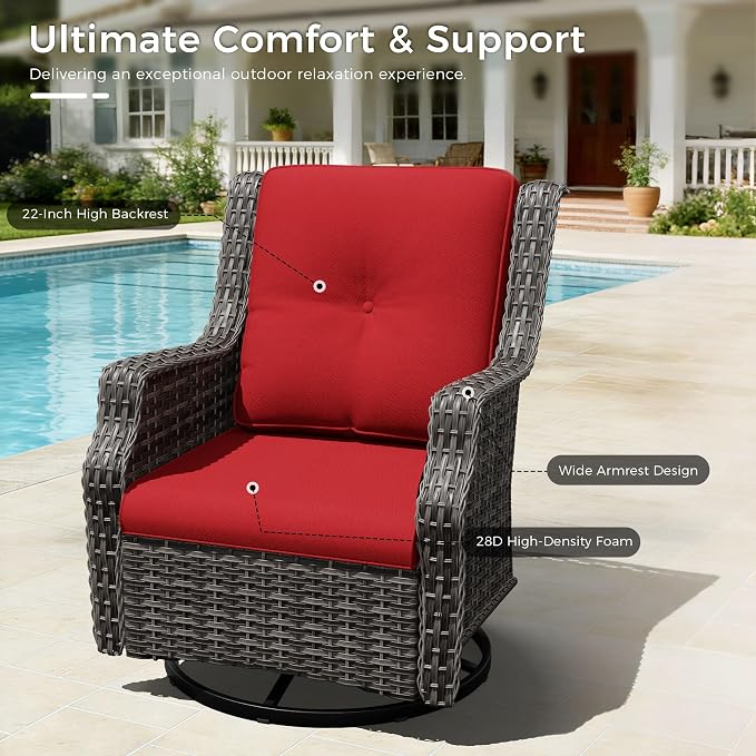 Swivel Patio Chairs Set of 2, Wicker Patio Furniture with Thick Cushions, Curved Armrest, Deep Seating, Rattan Outdoor Chairs for Porch, Deck, Balcony