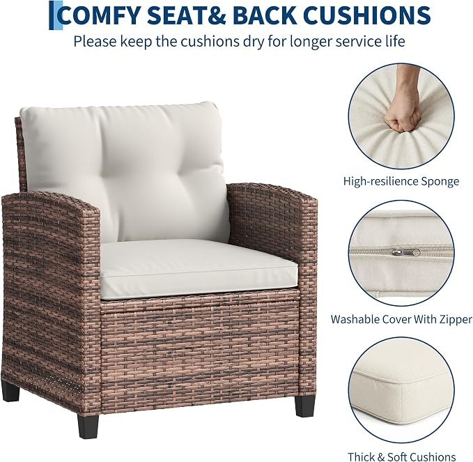 IDEALHOUSE 3-Piece Outdoor Patio Furniture Set, PE Rattan Wicker Conversation Chairs with Tempered Glass Side Table and Removable Cushions, Balcony, Porch & Garden Seating Set, Brown+Beige Cushion