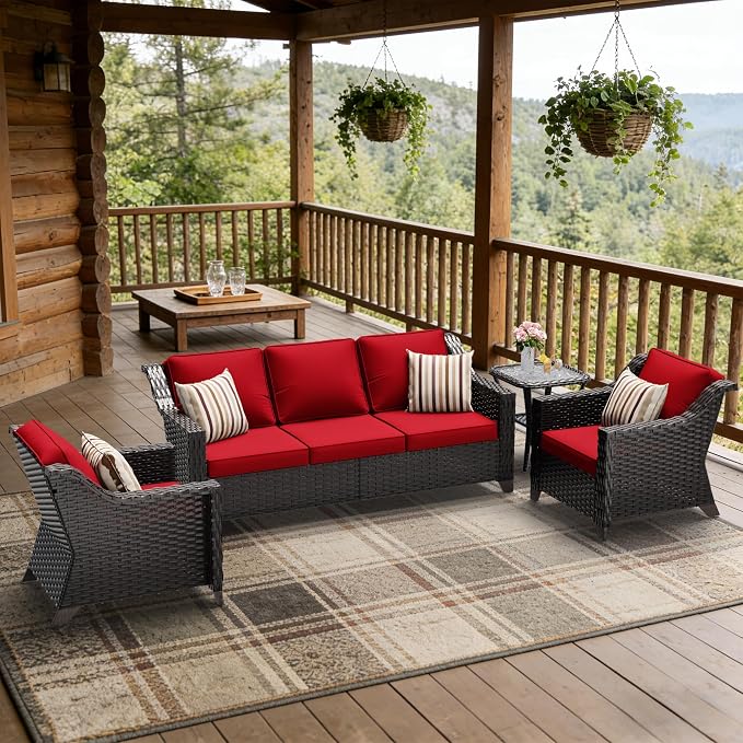 4 Pieces Patio Conversation Furniture Set - 1 Sofa, 2 Armchairs, 1 Side Table, Outdoor Wicker Furniture with Removable Cushions for Porch, Balcony, Sunroom (Red)