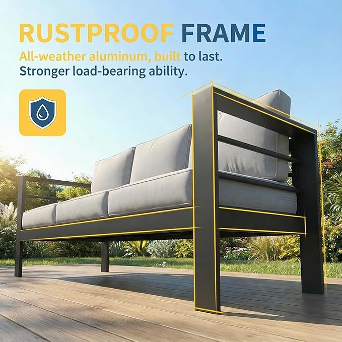 Solaste Aluminum Patio Furniture Set for All Weather, Oversized Metal Outdoor Furniture Set with 27.5" Deep Seating and 3.2" Wide Armrest, Outdoor Patio Conversation Sets with 10" Back Suport Cushion