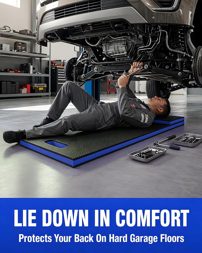 Folding Kneeling Pad, 1 Inch Thick Compact Mechanic Mat, Blue | 47.24 x 15.74 Inch 6-Panel Firm Foam Pad with Tool Pockets, Carry Handle and Water-Resistant Textured Surface