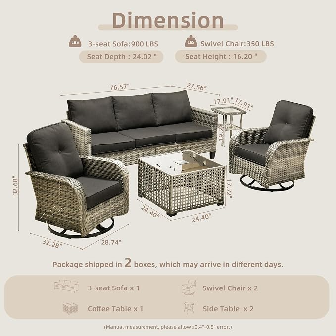 CAODOC Patio Furniture, All Weather Wicker 6 PCS Outdoor Sofa with High Back Swivel Rocker Chairs, Conversation Set with Solar Light Coffee Table,Light Rattan Black Cushion