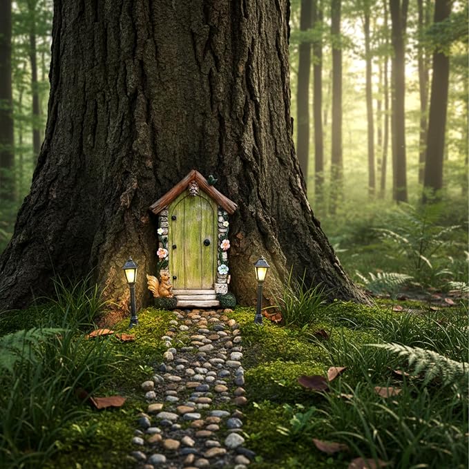 Fairy Door for Trees Outdoor Wooden Miniature Garden Doors Yard Art Sculpture Decoration Mini Fairy Gnome House Accessories for Trunk Ornaments Stump Wall Decor