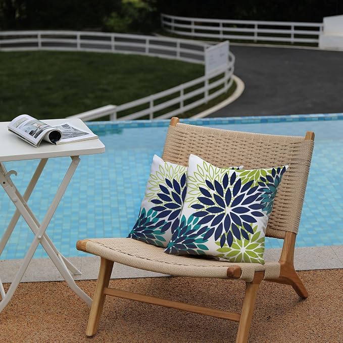 DFXSZ Outdoor Waterproof Pillow Covers 20x20 Set of 2 NavyBlue Green Flower | Spring Summer Waterproof Flower Throw Pillowcases（No Inserts）Outdoor Decor for Patio Funiture Garden Polyester Covers