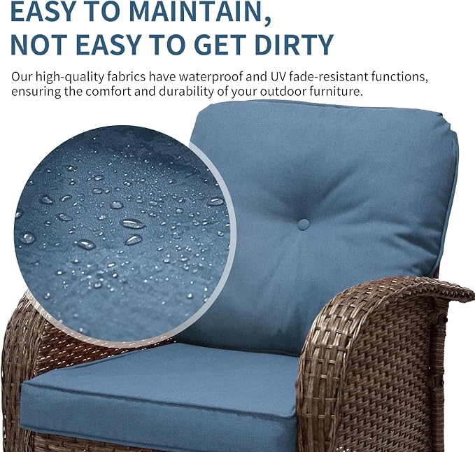 Outdoor Swivel Rocker Patio Chairs (Brown Wicker/Blue Cushion, 7PC/Sofa & Swivel &2 Table & Ottomans)
