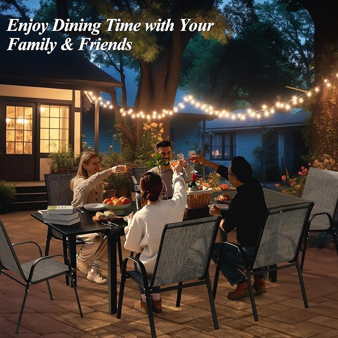 PIZZELLO 7 Pieces Outdoor Dining Set, 106" Aluminum Extendable Patio Dining Table w/ 6Pcs Stackable Textilene Chairs, All Weather Outdoor Table and Chairs Sets for Backyard, Garden, Deck and Poolside