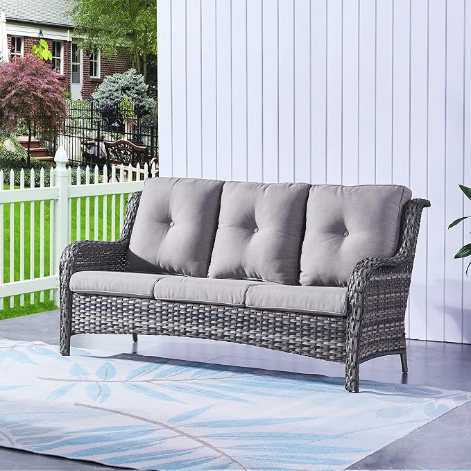 HUMMUH Patio Furniture with Fire Pit 4-Piece Wicker Outdoor Sectional Couch with Swivel Rocking Chairs, Propane Fire Pit Conversation Set for Garden, Backyard, Deck