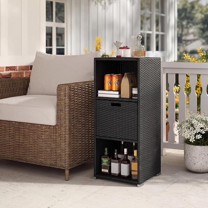 Tangkula Rattan Outdoor Storage Cabinet, Patiojoy Outdoor Wicker Cabinet with 3 Shelves, 1 Removable Drawer, Patio Storage Deck Box for Backyard Poolside Porch