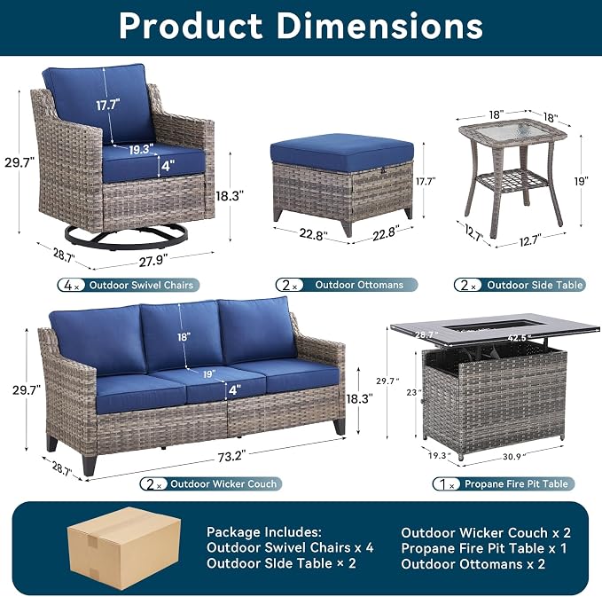 11 Pieces Patio Furniture Set with 42.5" Fire Pit Table-All Weather Wicker Outdoor Furniture with High Back Wicker Patio Chairs Set of 4 Outdoor Couch for Deck Backyard Gray/Blue