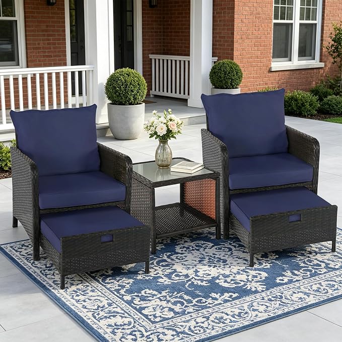 5 Pieces Patio Furniture Set, Rattan Outdoor Lounge Chairs with Soft Cushions,Outdoor Wicker Patio Conversation Set with Hidden Ottoman and Coffee Table for Porch, Garden, Backyard (Dark Blue)