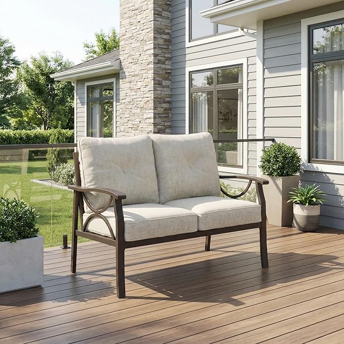 RoyalCraft Patio Loveseat, All-Weather Outdoor 2 Seats Sofa Couch, Khaki Metal Furniture with Beige Cushions