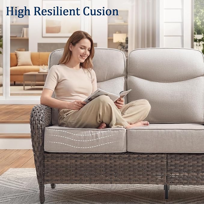 Outdoor Swivel Rocking Chair Patio Set (6-Piece), High-Back - Thick Cushion Swivel Rocking Chair Patio Set, All-Weather Wicker Patio Furniture Set, Suitable for Balcony Patios, Brown/Beige