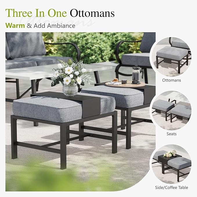 Sophia & William Patio Furniture Sets 5 Seats Outdoor Metal Conversation Sets 5 Pcs with 2 x Cushioned Swivel Sofa Chairs,1 x 3-Seat Sofa,2 x Ottomans for Coffee Lawn Backyard Poolside Grey