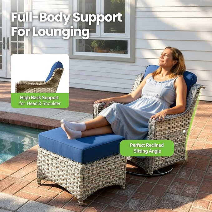 3 Piece Patio Furniture Set, Outdoor High Back Swivel Rocker Chairs Set of 2 with Side Table, All Weather Wicker Glider Chair with Thick Cushions for Backyard Balcony Porch, Navy Blue