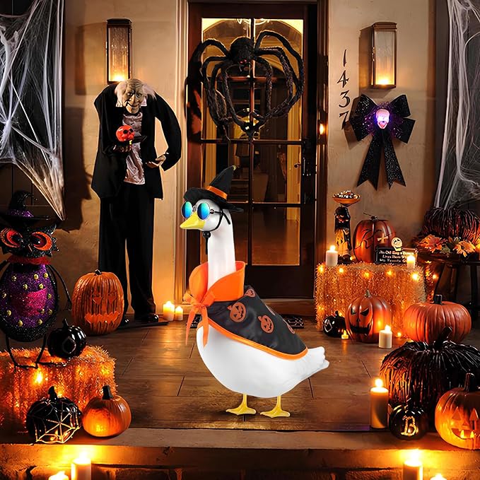 Halloween Porch Goose Outfits, Fall Goose Clothes Fits 17-23 in Statue | Goose Costume with Hat & Sunglasses for Cement Plastic Outdoor Patio Yard Lawn Duck Party Decoration