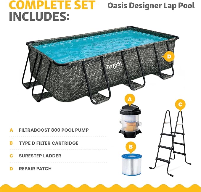 Funsicle Oasis Designer Lap 13' x 7' x 39.5” Rectangular Above Ground Swimming Pool, with FiltraBoost 800 GPH Filter Pump, Ladder & Repair Patch, Dark Herringbone