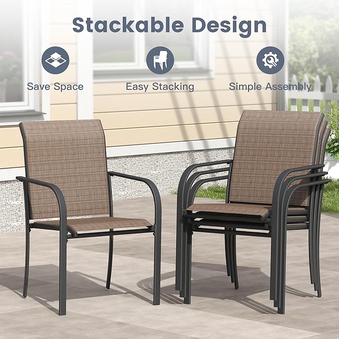 VICLLAX 7 Pieces Patio Outdoor Dining Set, 50" Round Metal Table with Umbrella Hole and 6 Stackable Textilene Chairs for Lawn, Garden, Porch, Black/Brown