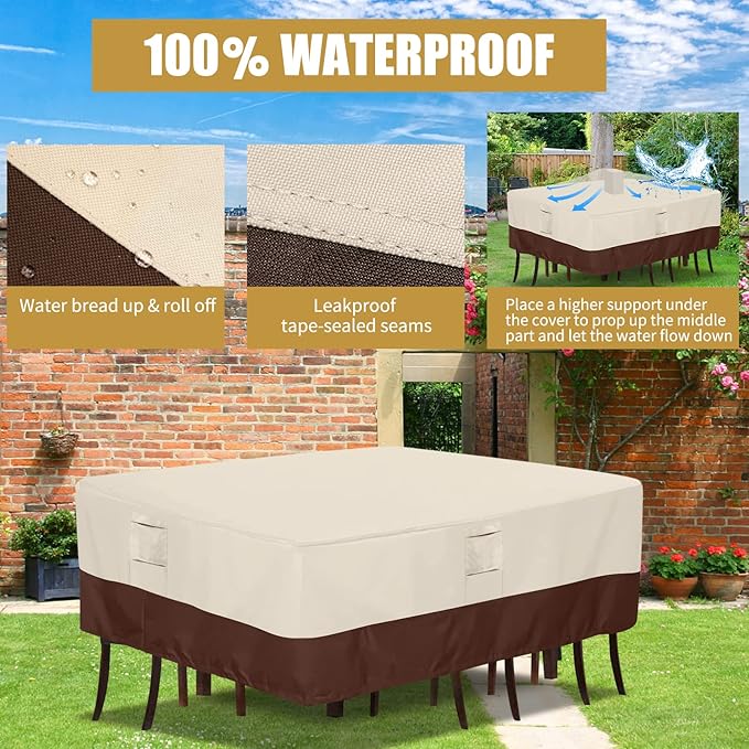 Patio Furniture Covers, Outdoor Protect Waterproof Covers General Purpose Outside Table and Chair Cover Heavy Duty Oxford Patio Cover, 96"L x 96"W x 28"H (Beige & Brown)