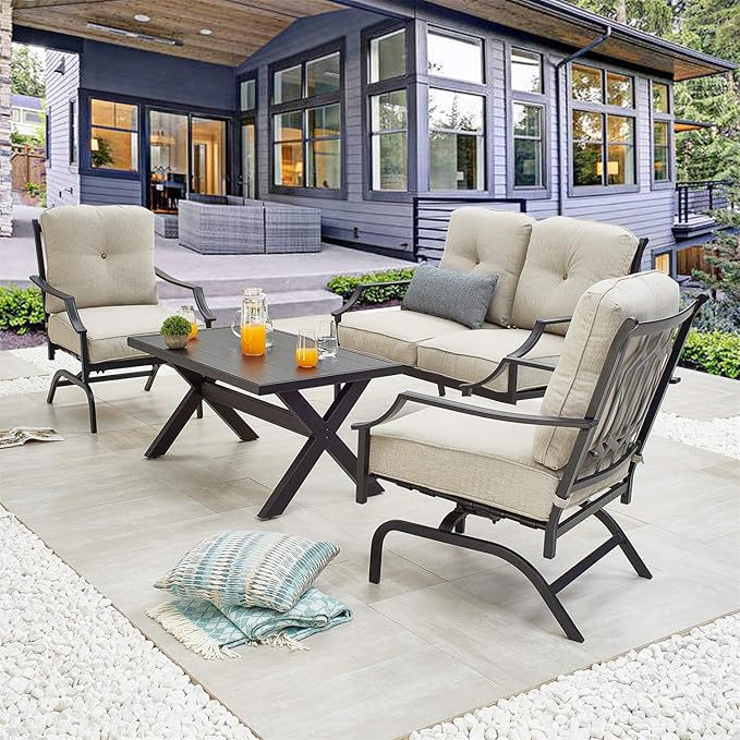 Patio Conversation Set Metal Outdoor Furniture Sets All Weather Cushioned Loveseat & 2 Rocking Chairs & 1 Coffee Table for Poolside Lawn Yard 4pcs
