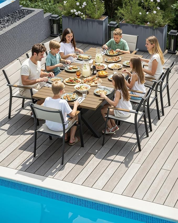 Teak Extendable Patio Dining Set for 8, Aluminum Outdoor Dining Set with 2 Swivel Chairs, Expandable Dining Table and 6 Stackable Double-Layer Textilene Chairs, Patio Table and Chairs Set