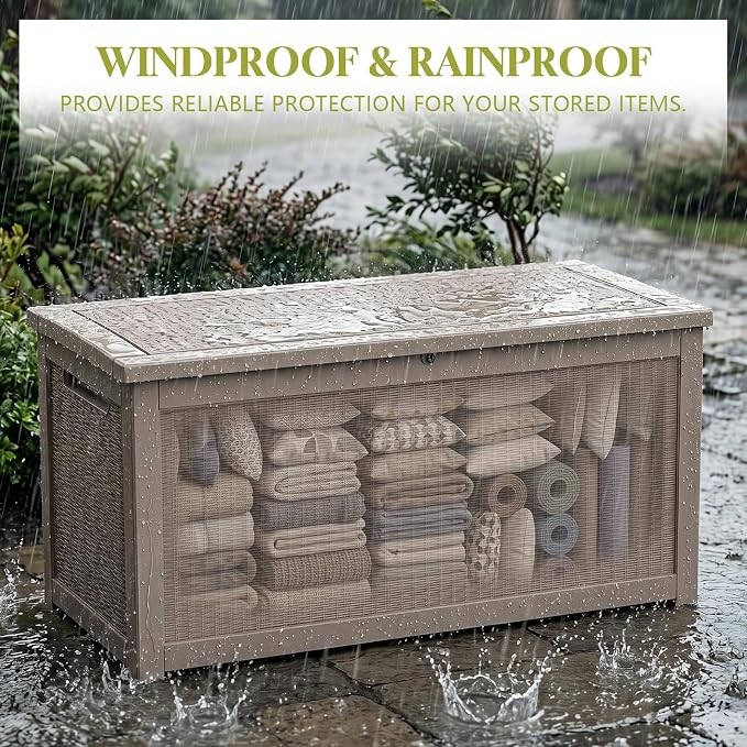 PatioZen 330 Gallon Outdoor Storage Box, Heavy Duty Resin Large Deck Box Organization for Garden Tools & Pool Accessories, Hydraulic Lift, All-Season UV-Resistant, Grey