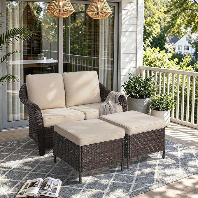 3 Piece Patio Wicker Conversation Set, All-Weather Use Outdoor Wicker Loveseat with 2 PE Rattan Ottomans, Ideal for Porch, Backyard, Balcony, Poolside, Beige