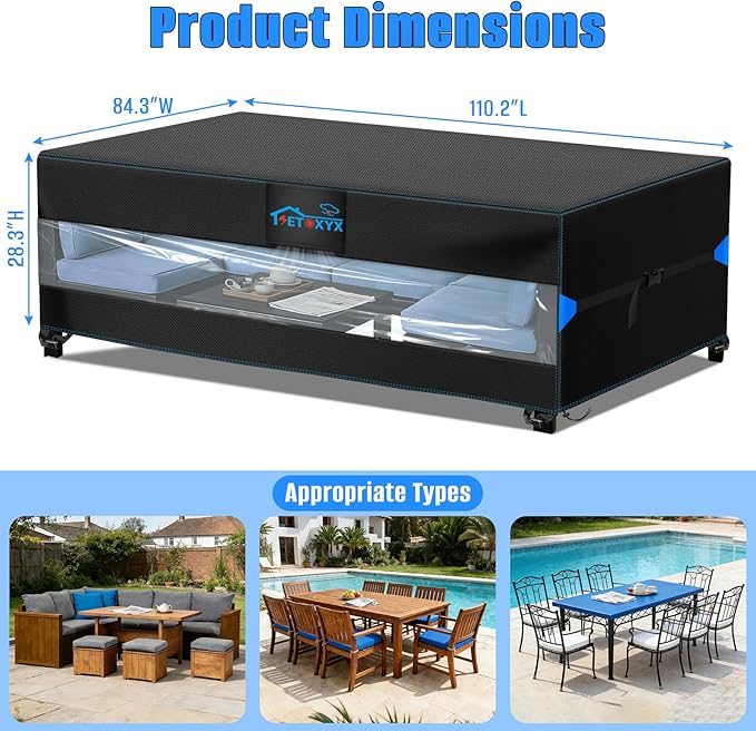 Patio Furniture Covers, Translucent Design Rectangular Outdoor Furniture Set Cover for Table and Chairs, 420D Oxford Patio Sectional Set Cover(110" L x 84.3" W x 28.3" H)