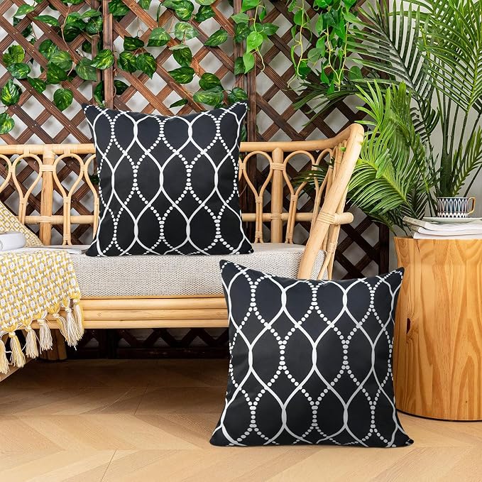 Adabana Outdoor Waterproof Pillow Covers Set of 2 Black Farmhouse Throw Pillow Covers for Funiture Garden Patio 18 * 18 Inch