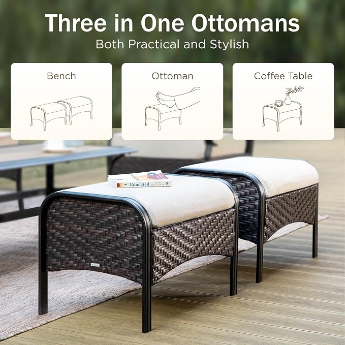 PHI VILLA Extra Large Outdoor Modern Patio Furniture Set, Upgraded Wicker & Metal Patio Conversation Set with Waterproof Thick Cushions for Porch, Poolside, Yard(7 Pieces,Beige)