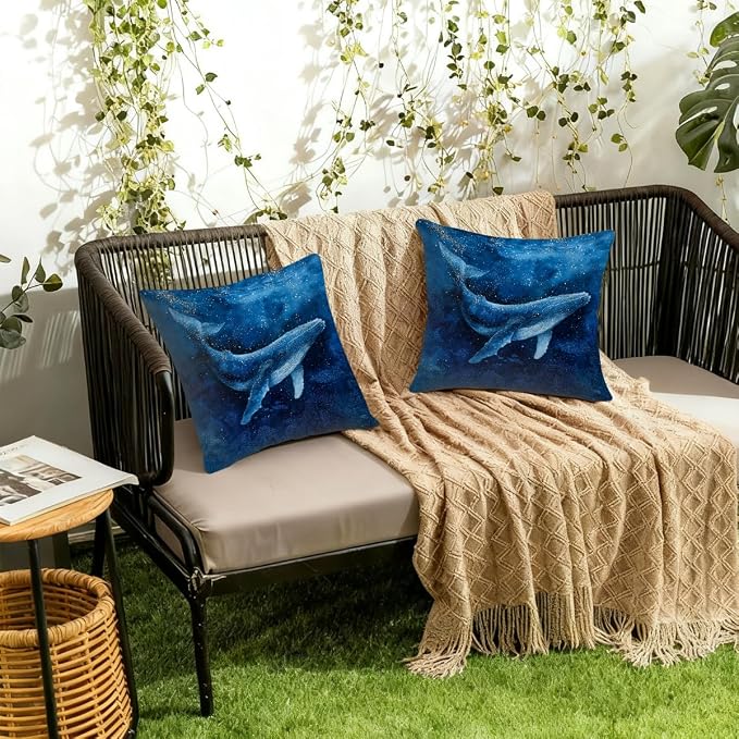 20x20 Inch Outdoor Pillow Covers Set of 2 Waterproof Throw Pillow Covers Decorative Couch Cushion Covers Whale Swimming Deep Sea Square Pillowcases Protectors for Patio Garden Sofa