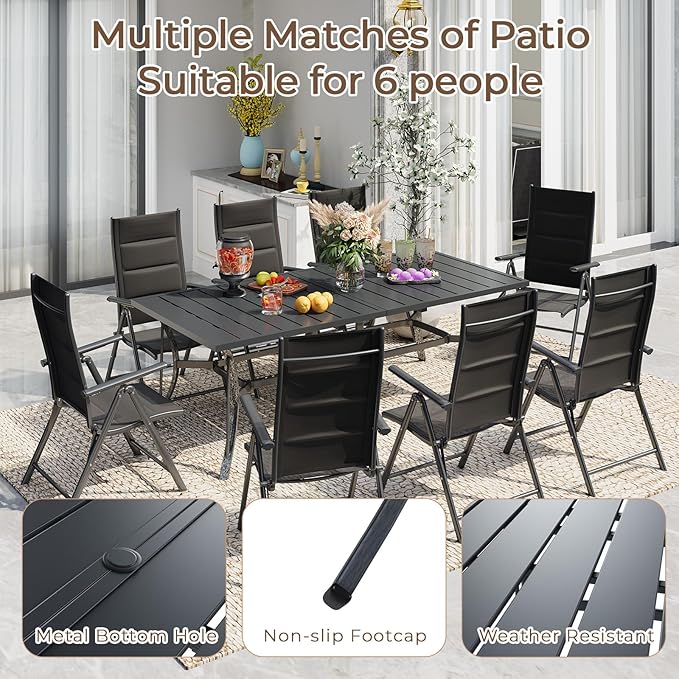 BUPPLEE 9-Piece Outdoor Dining Set with 8 Padded Aluminum Foldable Chairs & Rectangular Table with Umbrella Hole - Patio Furniture for Backyard, Balcony, Poolside