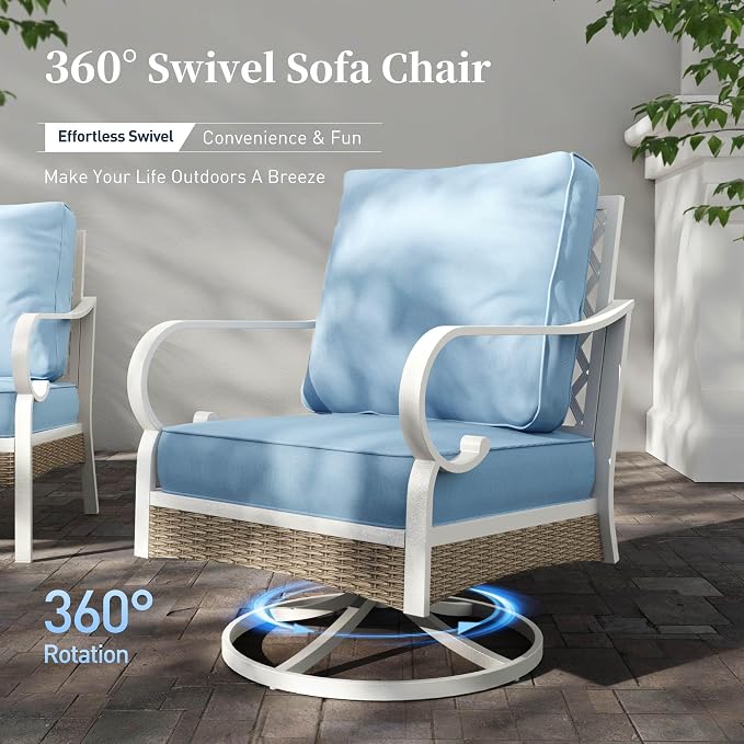 SUNSHINE VALLEY 6 Piece Metal Outdoor Patio Furniture Set, Patio Conversations Sets 3-Seater Sofa, 2-Seater Sofa, 2 Swivel Chair with 5.75" Thick Cushion & Coffee Table White Backyard Furniture, Blue