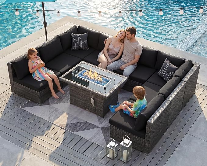 BULEXYARD 9 Pieces Highback Wicker Patio Furniture Set with Firepit, High Weight Capacity Outdoor Sectional Couch Sofa 8-Seater Modular, Plus Comfortable Wide Deep Deck Seating Group, Grey & Black