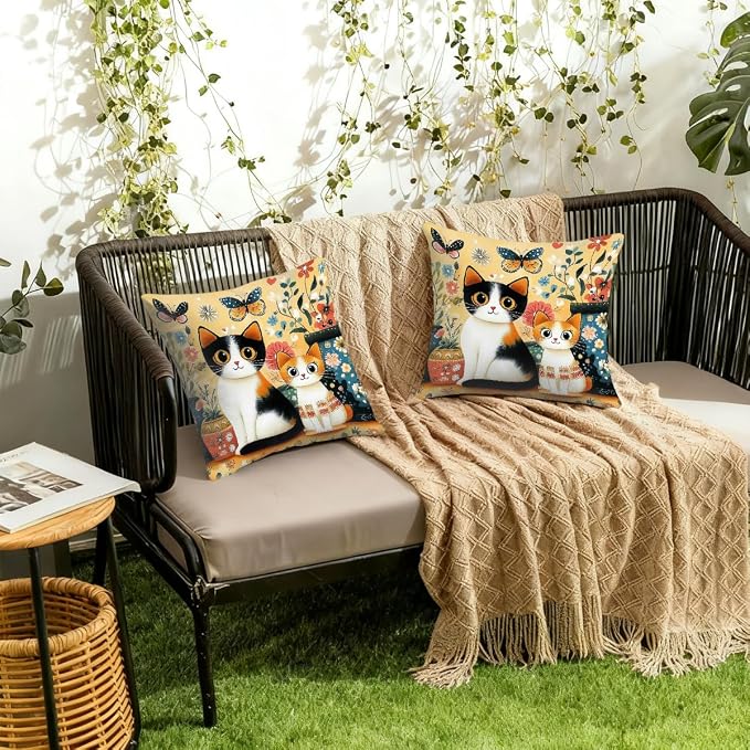 20x20 Inch Outdoor Pillow Covers Set of 2 Waterproof Throw Pillow Covers Decorative Couch Cushion Covers Charming Boho Floral Cats Square Pillowcases Protectors for Patio Garden Sofa