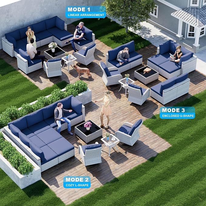 12-Piece Patio Furniture Set, Outdoor Patio Furniture with Swivel Chairs Set, Ottomans, Modular Patio Sofa, Dual-Strand Wicker Rattan, Rust-Resistant Frame, Navy Blue