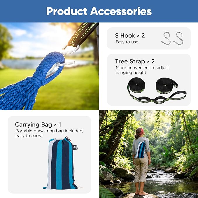 SUNCREAT Hammocks Outdoor Camping Double Hammock with Spreader Bar, Carrying Bag, Heavy Duty Travel Hammock, Blue & Red