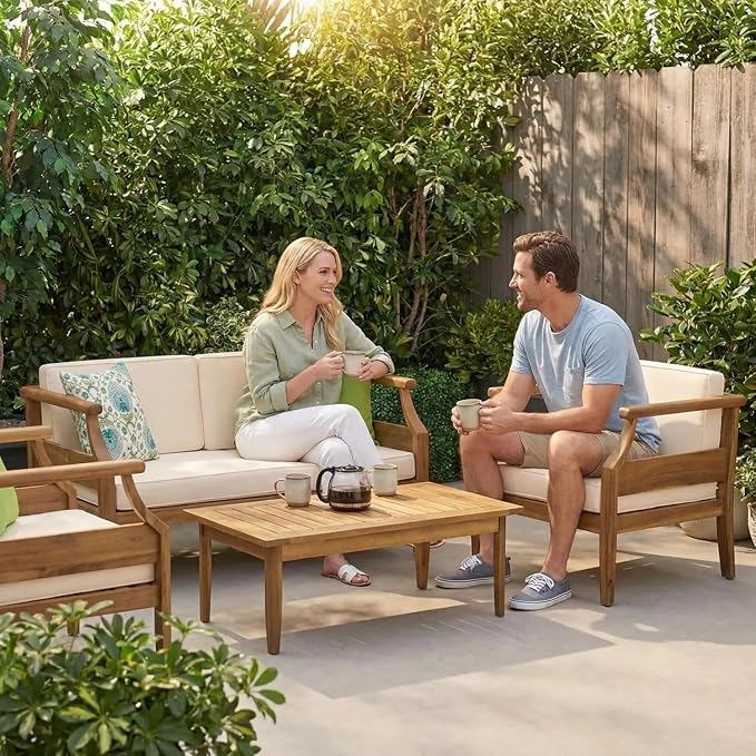 Patio Furniture Set of 4, Outdoor Sectional Furniture with Coffee Table, All-Weather Patio Conversation Set for Backyard, Garden and Poolside, Beige(Series E)