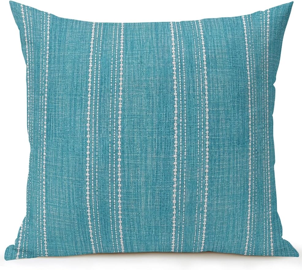 Waterproof Outdoor Pillow 1 Pack Turquoise Linen Stripes Decorative Throw Pillows Cover & Insert 16x16 Inch Pillowcase Parallel Vertical Lines Pillows for Couch Sofa Bed Patio Furniture Indoor Outdoor