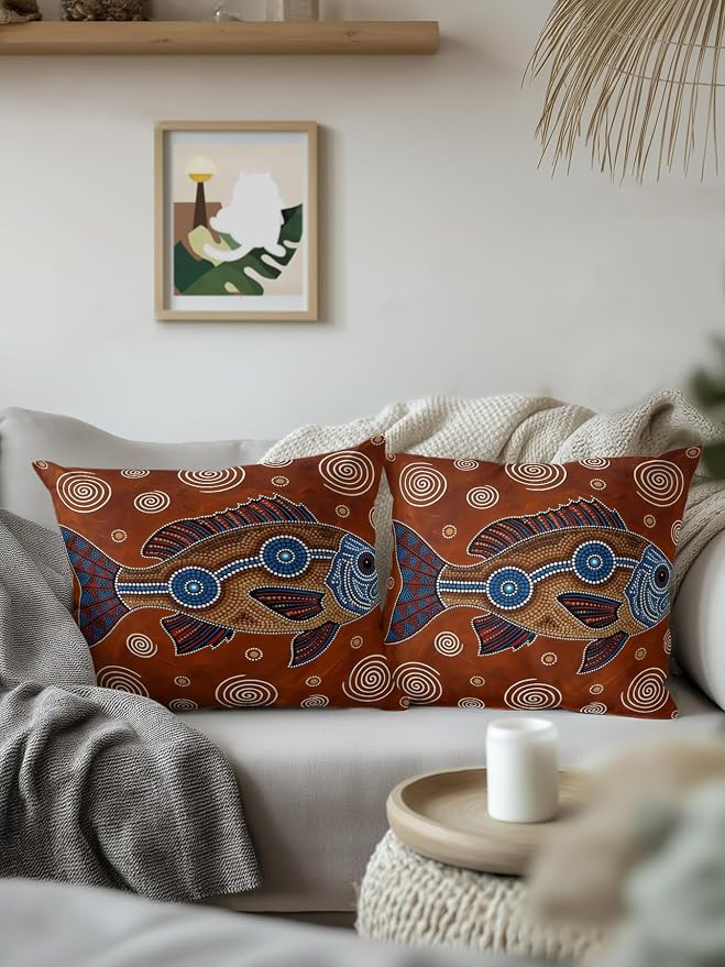 Outdoor Pillows Waterproof Set of 2, Southwest Tribal Decorative Throw Pillows for Patio Couch Bed Camping, Vintage Rustic Fish Motifs Wooden Texture Indoor Outdoor Pillow with Inserts Included 18x18