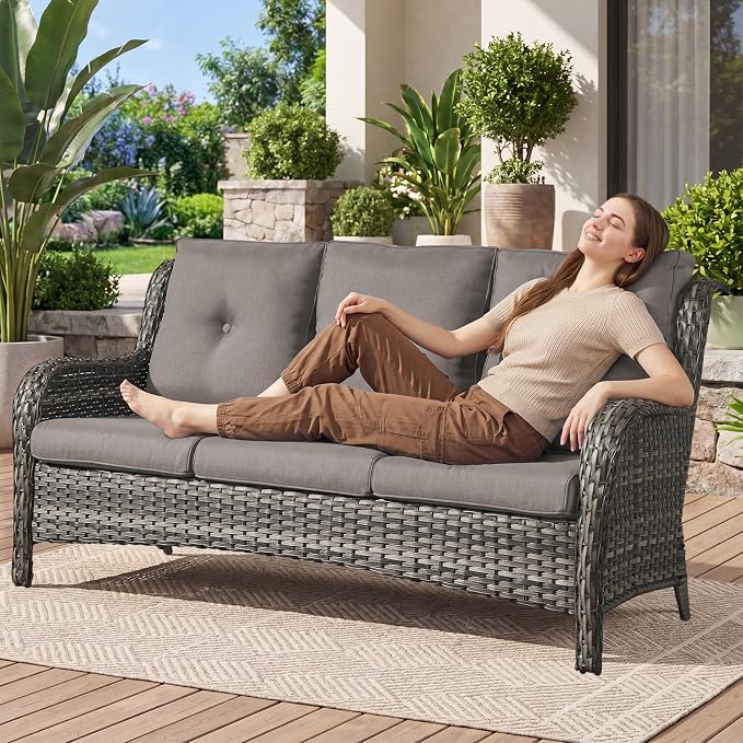 Belord Patio Sofa Luxury PE Wicker 3-Seater Outdoor Couch, Modern All-Weather High Back Deep Seat Woven Furniture Set for Porch, Deck, Balcony, Backyard - Grey/Grey