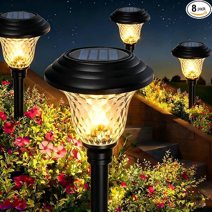 Beau Jardin 8 Pack Solar Pathway Lights White+Color Changing Stainless Steel 3 Mode Outdoor Multicolor Metal Solar Powered Waterproof Glass for Garden Landscape Path Yard Walkway Driveway Black