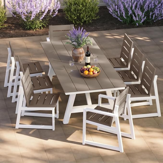 Costaelm Stinson 9-Piece Outdoor HDPE Patio Dining Table Set with Umbrella Hole & Dining Chairs for 8, Weathered Wood
