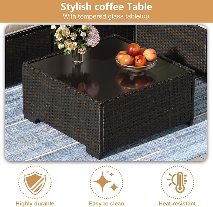 JOYURE 7 Pieces Patio Furniture Set, Outdoor Sofa with Waterproof Cushions&Ottoman, Rattan L Shaped Patio Couch & Coffee Table, Modern Outdoor Furniture for Backyard, Deck, Balcony – Beige