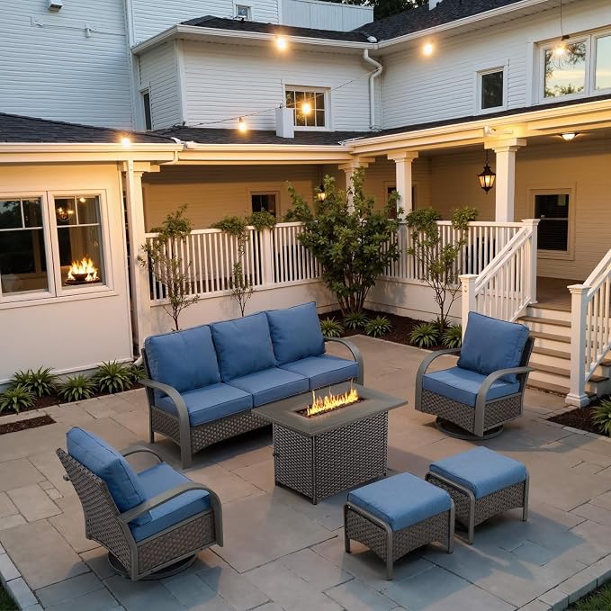 Belord Patio Furniture Set with Fire Pit Table - 50000 BTU Propane Fire Pit, 6 Piece Outdoor Conversation Furniture Sets with 2 Swivel Rocker Chair Rattan Sofa Perfect for Casual Gathering