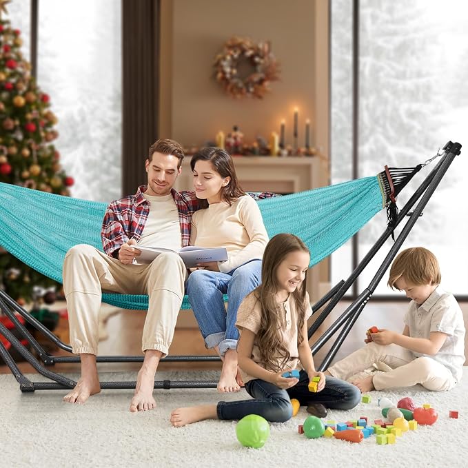 Goutime Collapsible Hammock Stand with Carry Bag, 550lbs,Portable,Sky Blue | 3 level adjustable up to 10ft, double layer hammock net, fits indoor, yard, camping, and outdoor use